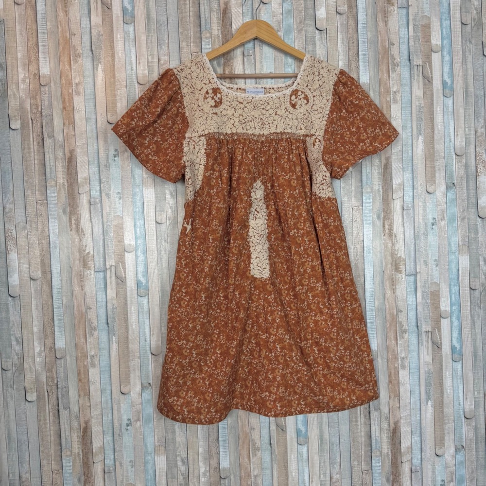 Mi Golondrina Mexico Hand Embroidered Floral Mini A Line Dress Rust 2X XXL‎ XL